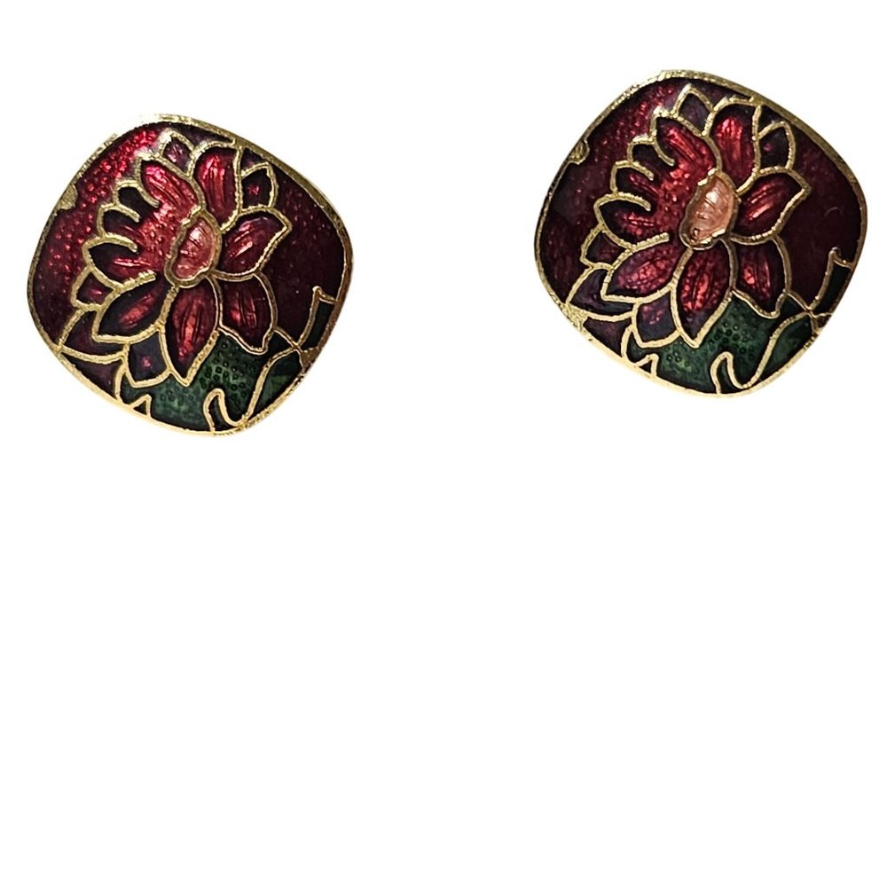 Vintage Floral Cloisonné Gold Tone Enamel Post Earrings Retro Boho Fashion Women